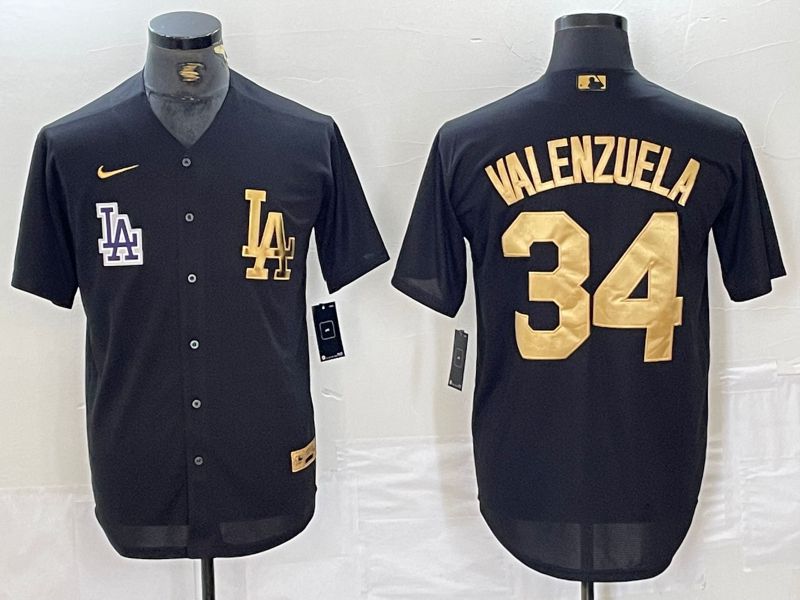 Men Los Angeles Dodgers 34 Valenzuela Black gold #4 th generation Nike 2024 MLB Jersey style 2